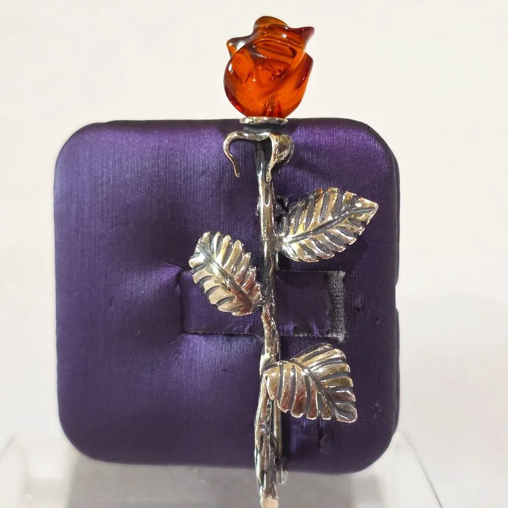 Vintage Carved Baltic Amber Rose Flower High Detail Sterling Silver Pin Brooch